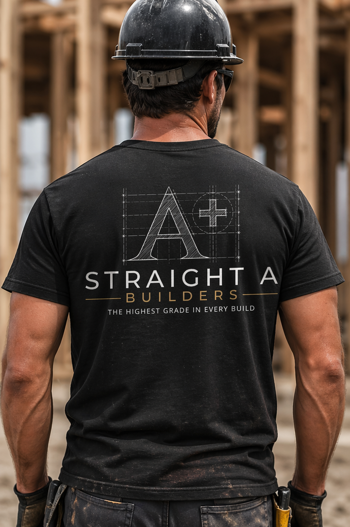 A Straight A Builders crew member on a New Mexico construction site wearing the company's branded shirt